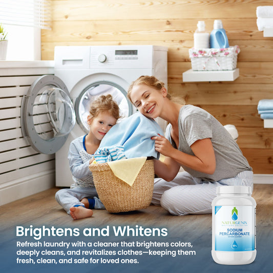Woman and child in a laundry room with a bottle of sodium percarbonate.